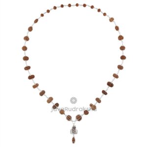 Indrakshi Indra Mala Rudraksha IM01 with 1–21 Mukhi Java beads and silver wire capping – front view