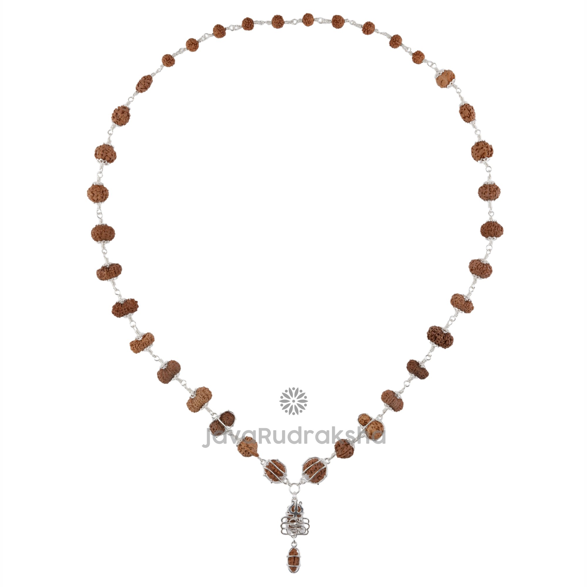 Indrakshi Indra Mala Rudraksha IM01 with 1–21 Mukhi Java beads and silver wire capping – front view