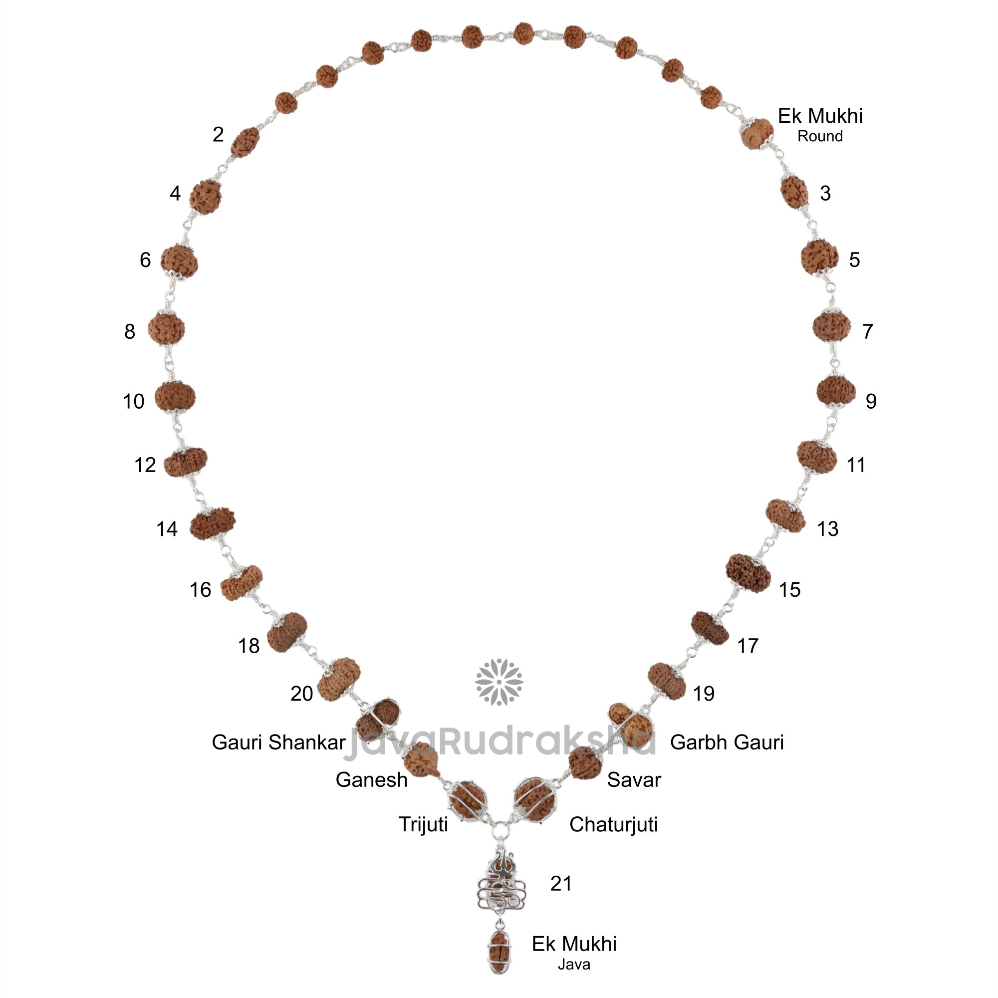 Labeled Indra Mala IM01 Rudraksha showing Java 1–21 Mukhi with Trijuti, Gauri, Ganesh, Savar