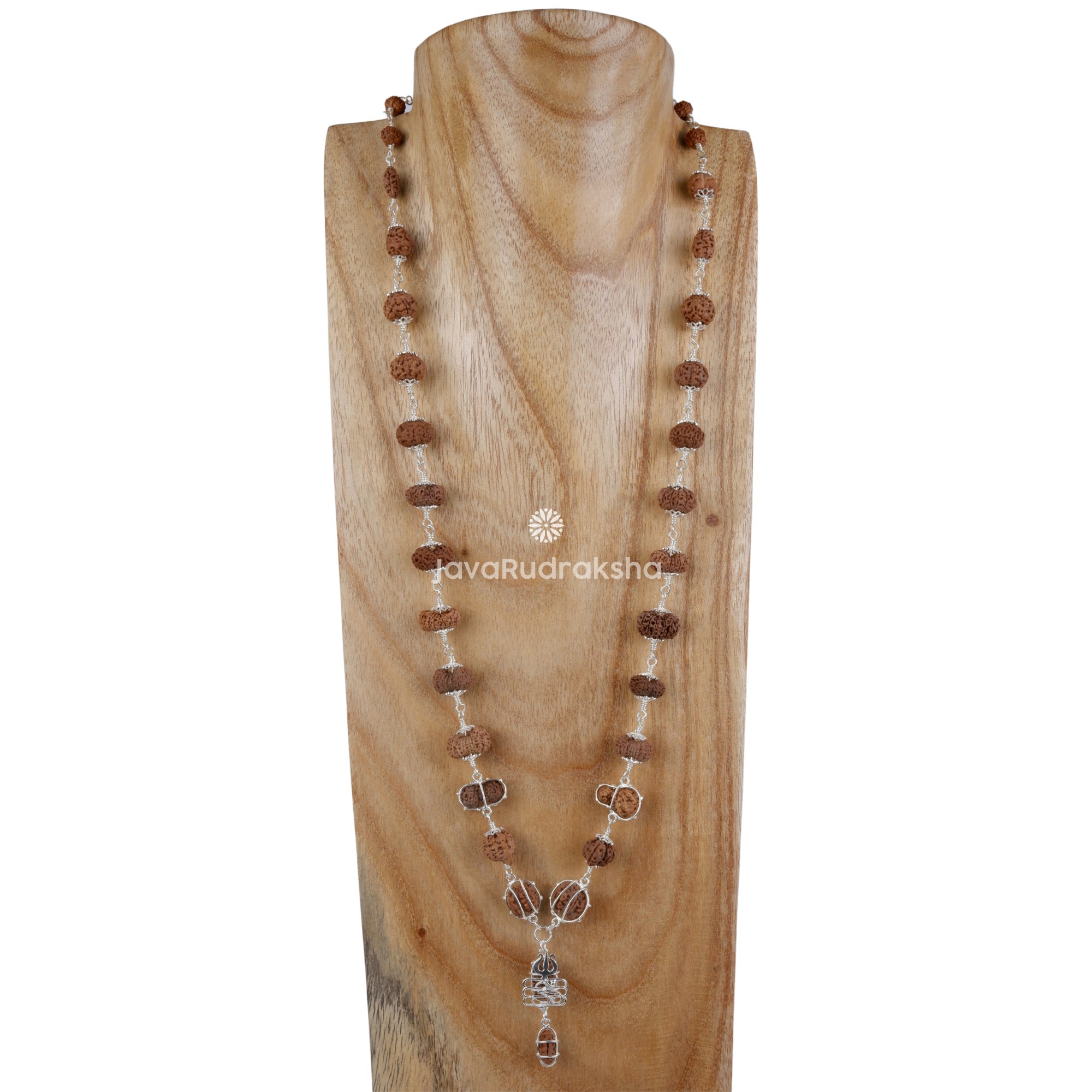 Indra Mala Rudraksha IM01 on wooden display – Java 1–21 Mukhi sacred necklace