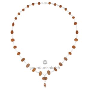 Supreme Sarva Siddha Mala SM27 1–18 Mukhi Java Rudraksha front view with silver links and Ek Mukhi pendant